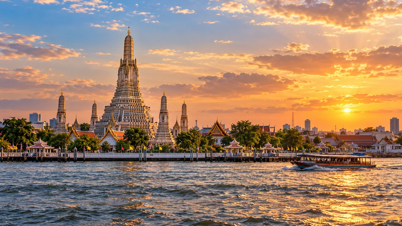 Illustrated Wat Arun beside the Chao Phraya River in Bangkok