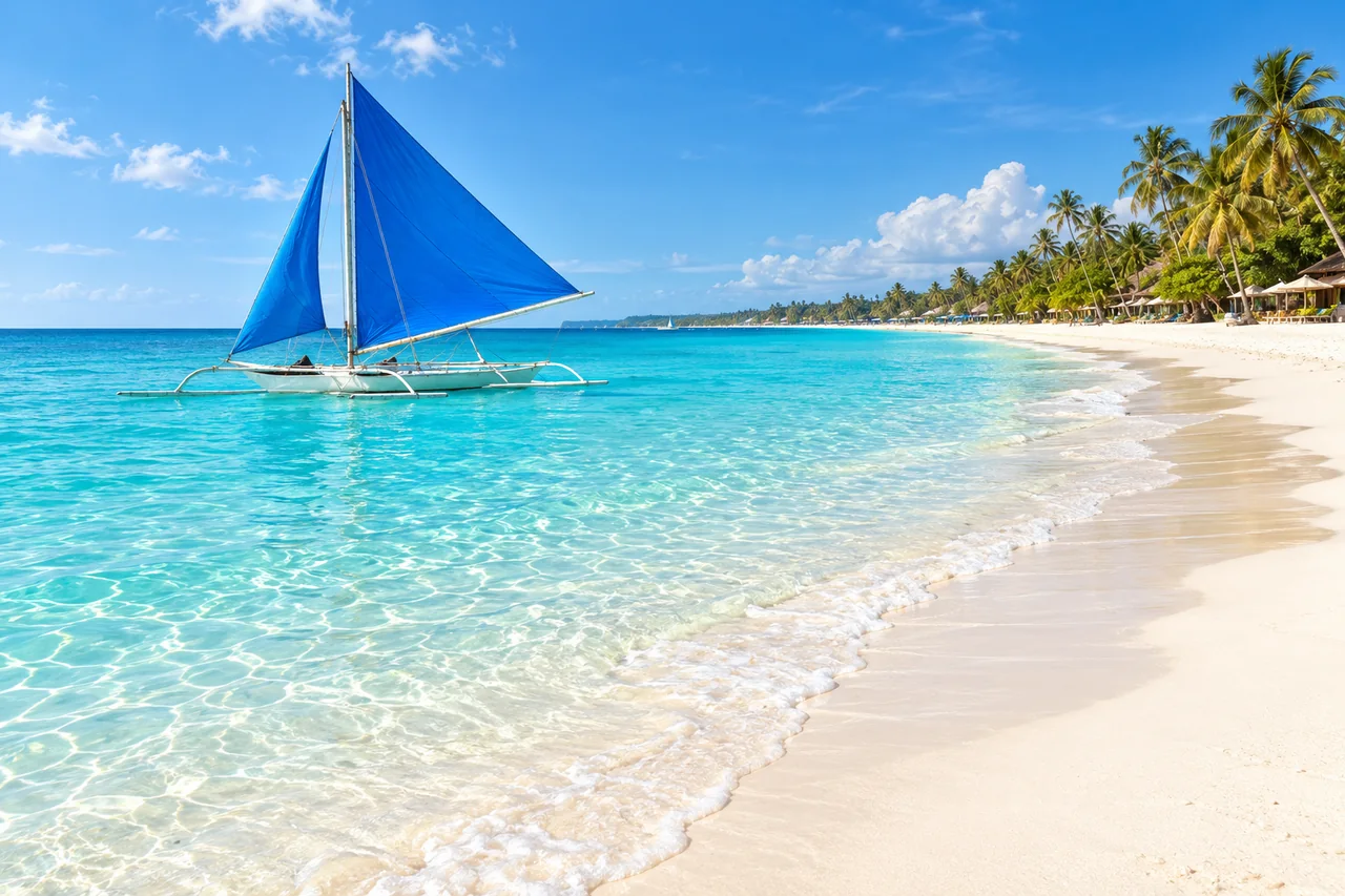 Illustrated Boracay White Beach with white sand, turquoise water and a paraw sailboat