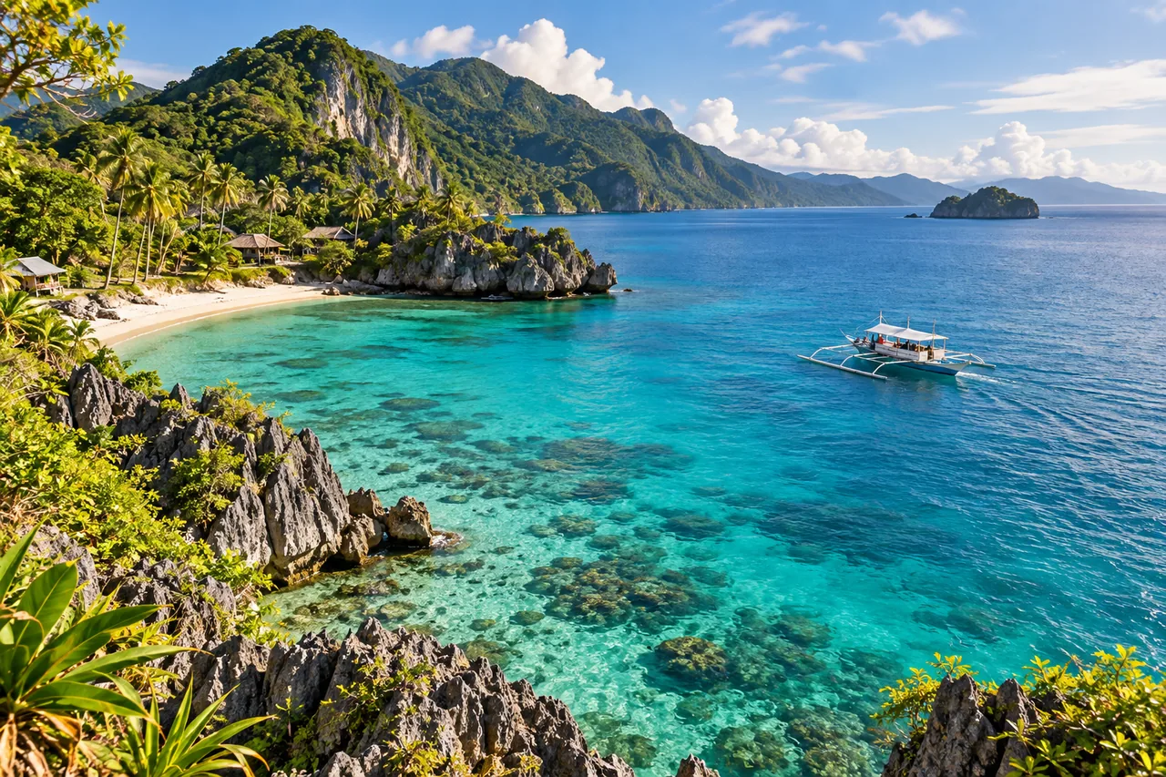 Illustrated Cebu coast with a Philippine outrigger boat