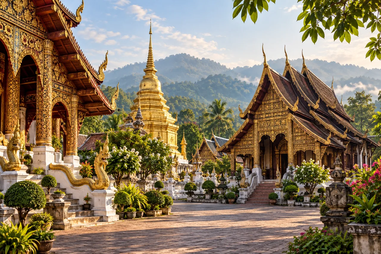 Illustrated northern Thai temple courtyard in Chiang Mai