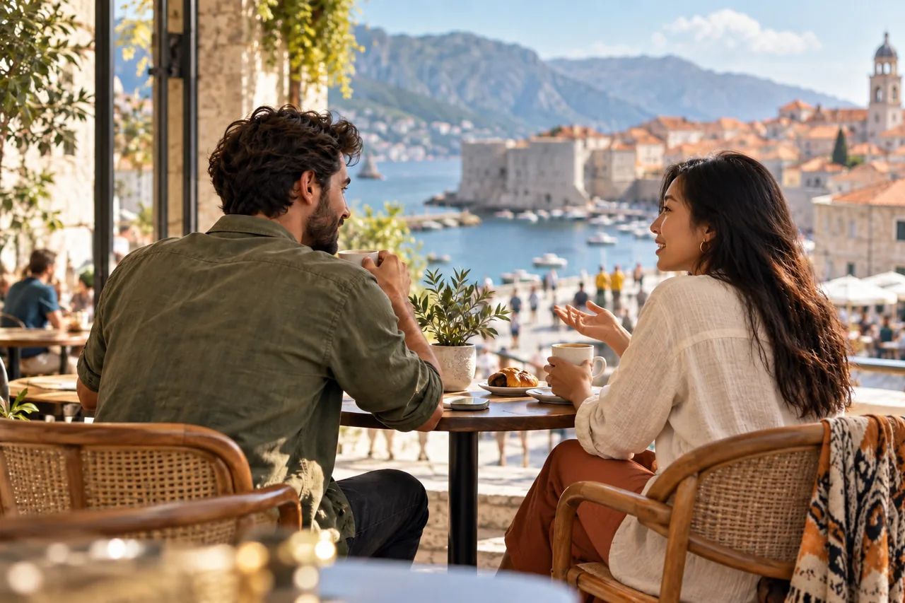 Illustrated Asian woman and white man talking together at a public café