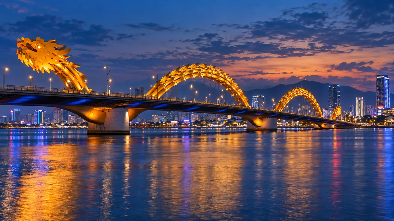 Illustrated Dragon Bridge over the Han River in Da Nang at dusk