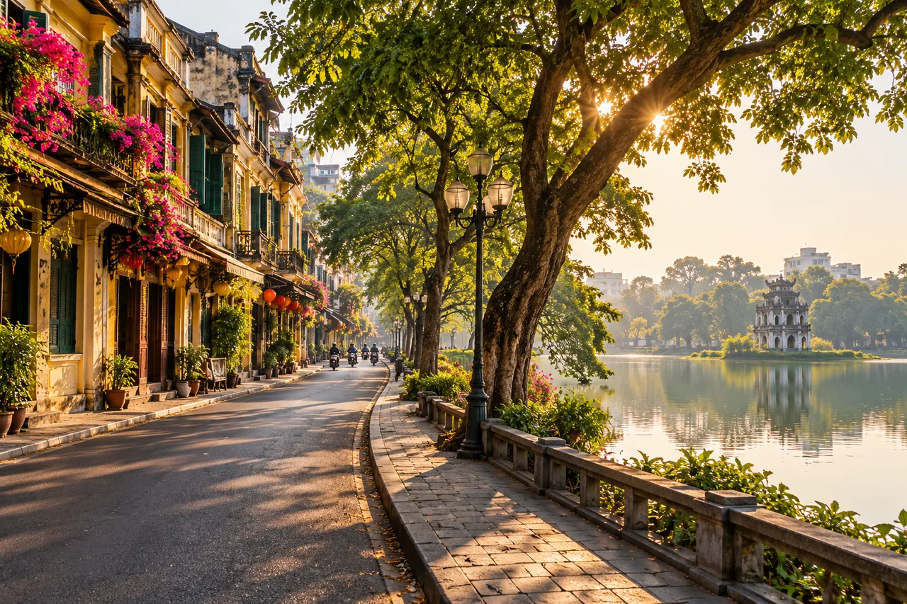 Illustrated lakeside street near Hoan Kiem Lake in Hanoi