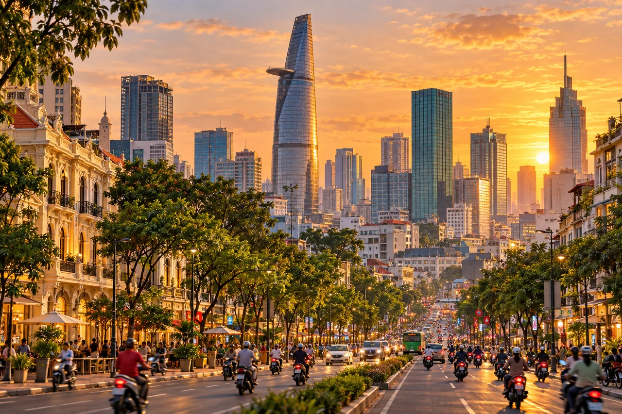 Illustrated Ho Chi Minh City skyline above a tree-lined street with scooters