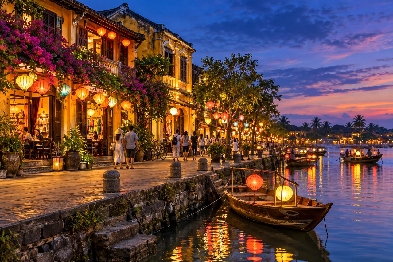 Illustrated yellow shophouses and glowing lanterns beside the river in Hoi An Ancient Town