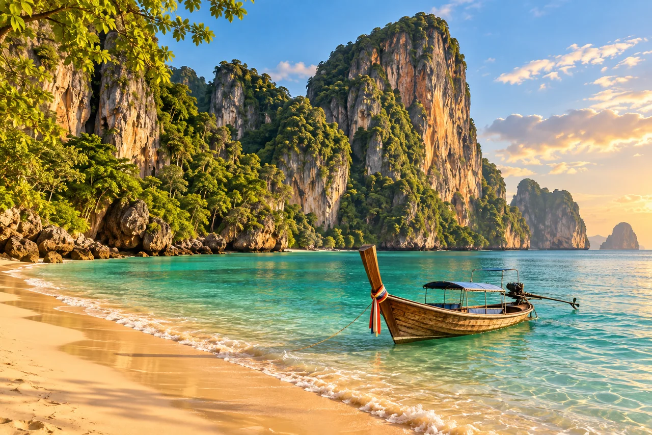 Illustrated Railay Beach in Krabi with limestone cliffs, turquoise water and a Thai long-tail boat