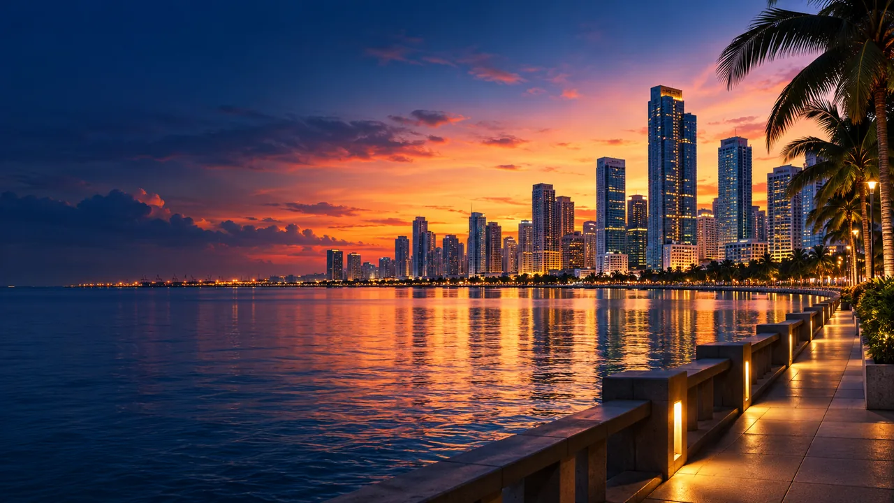 Illustrated Manila Bay skyline and waterfront at sunset