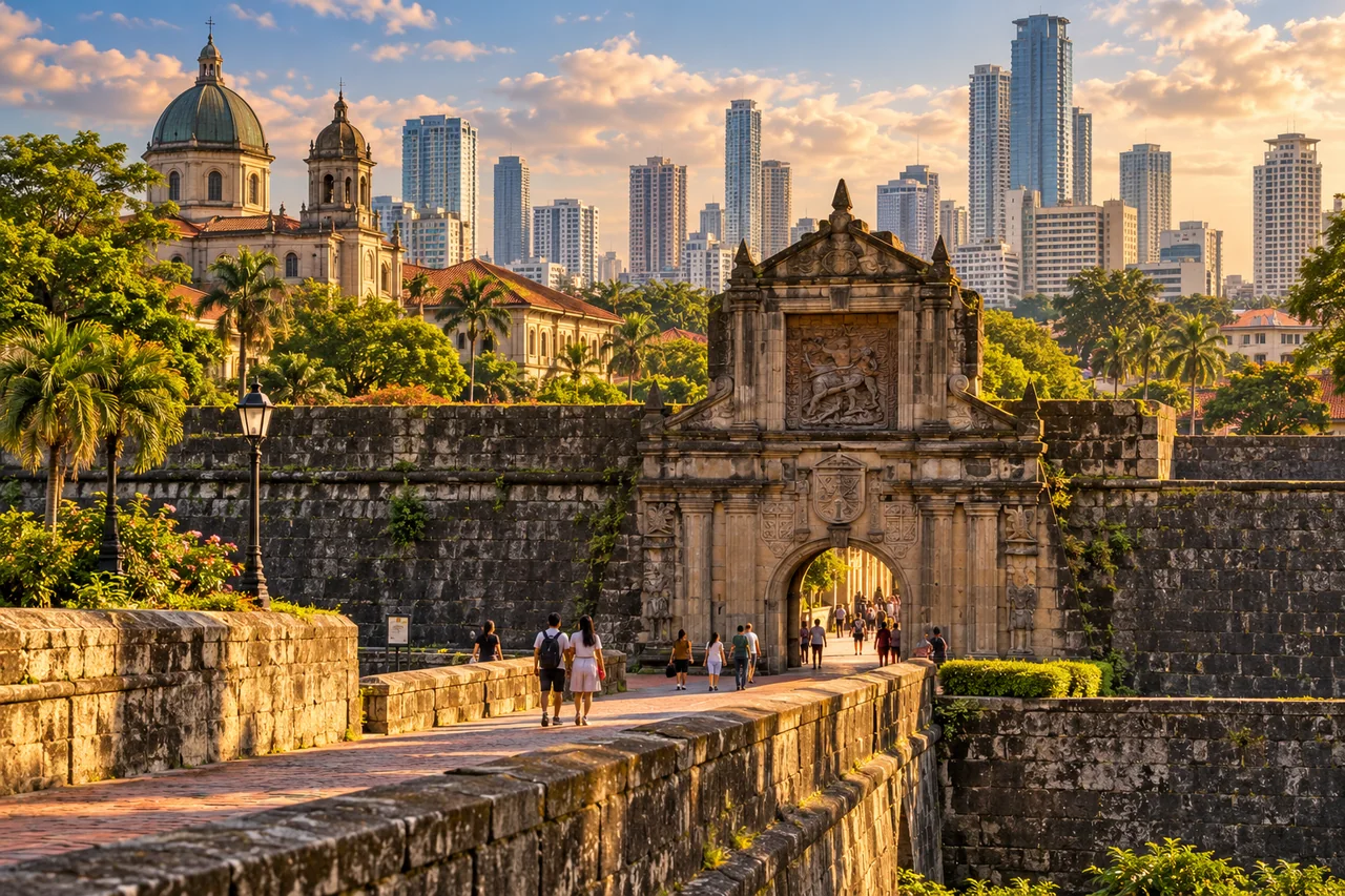Illustrated Intramuros stone gate and historic walls with Manila city towers beyond