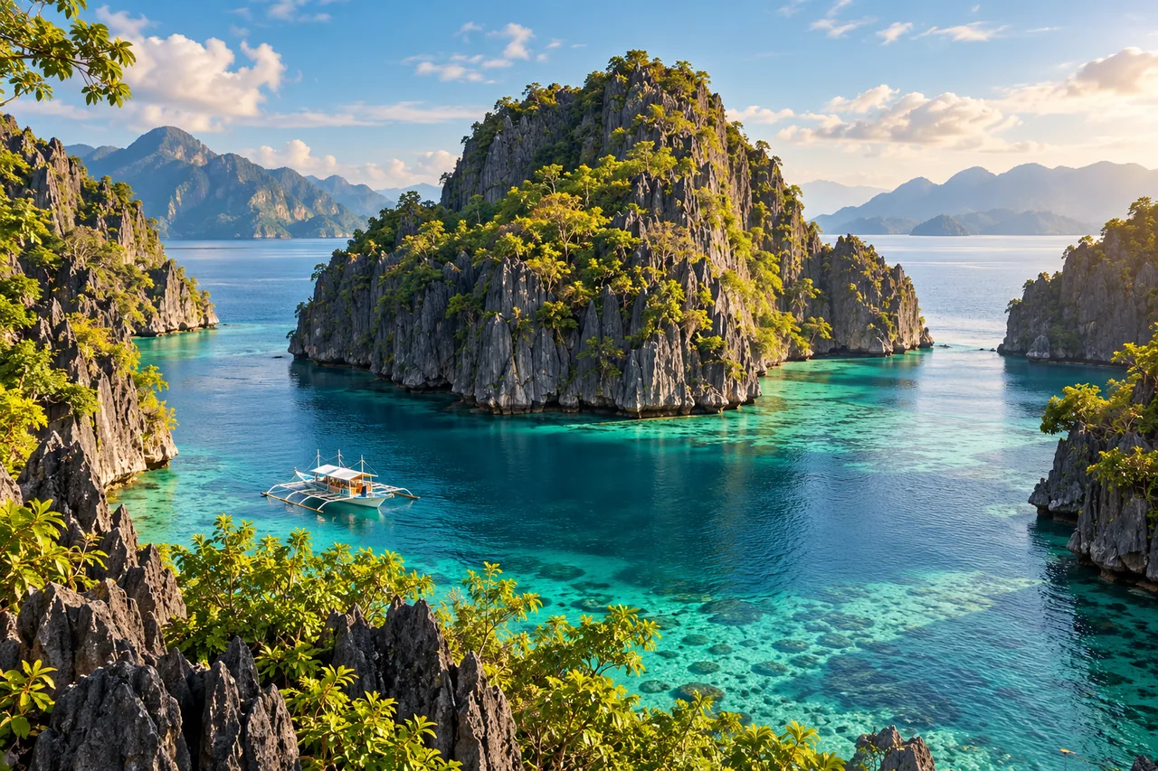 Illustrated limestone islands and an outrigger boat in Palawan, Philippines