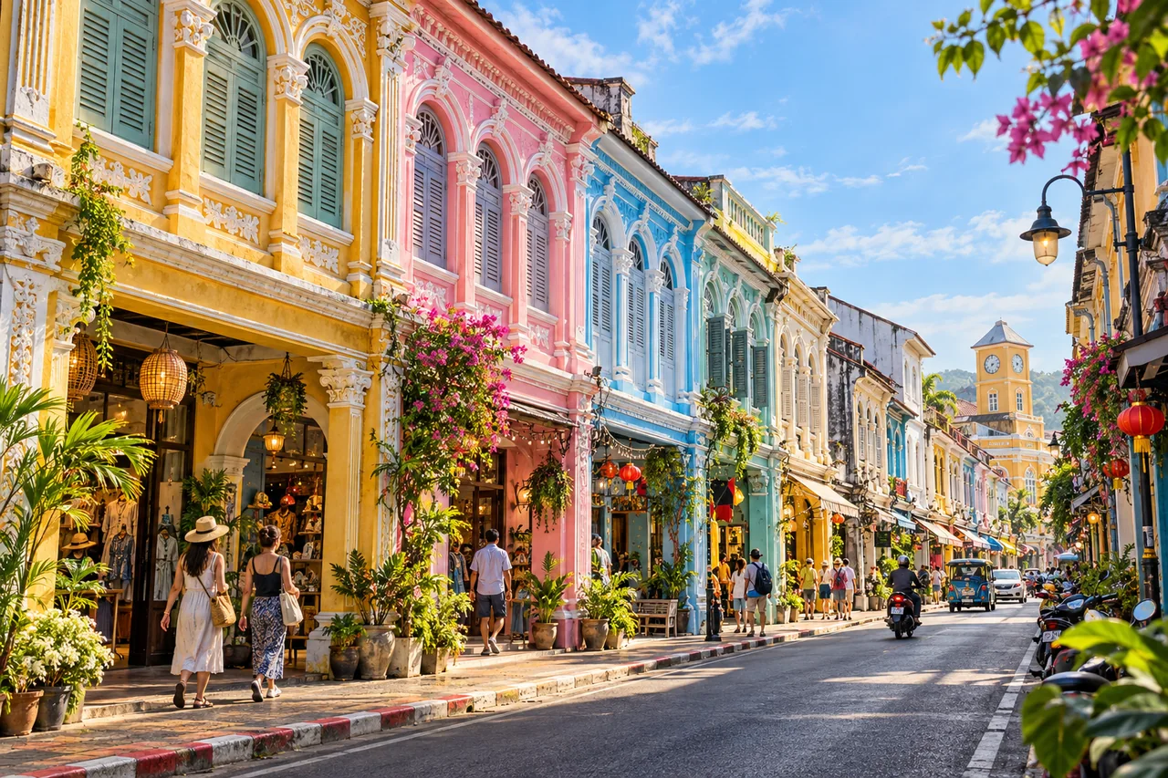 Illustrated colorful Sino-Portuguese shophouses on a street in Phuket Old Town